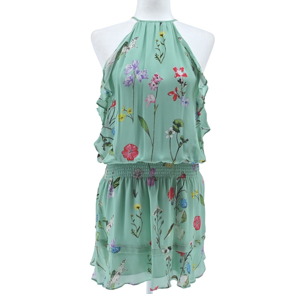 100% Silk Parker Womens Mint Green Floral Halter Mini Dress Summer Wedding Dress